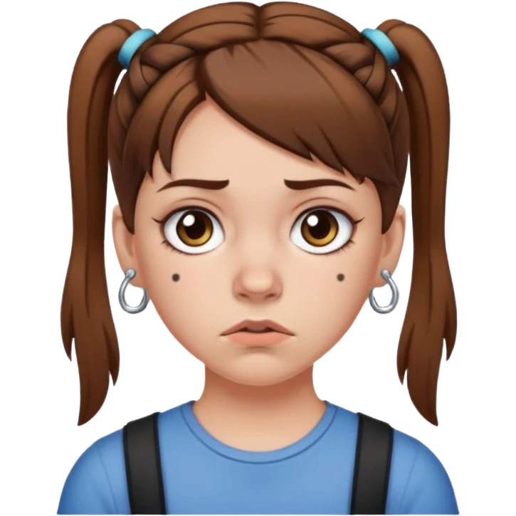 a white girl with brown hair in short pigtails with piercings frowning emoji
