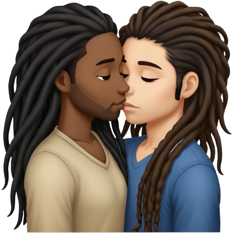 Latina Woman with long hair kissing a young black guy with dreads no beard emoji