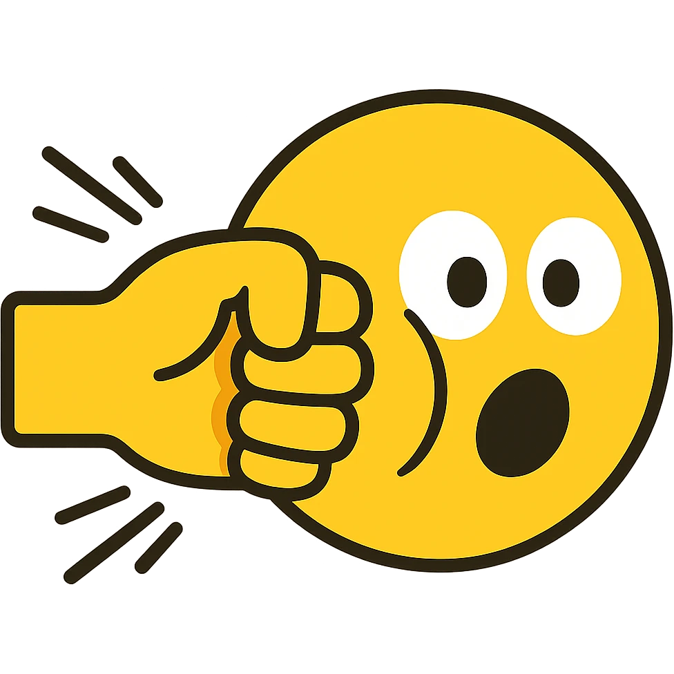 flat-toon style side view, yellow emoji fist punches yellow emoji face, face with squished cheek, surprised eyes, comic motion lines, clean modern emoji style emoji