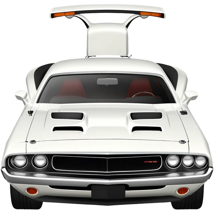 Solid white 1971 Dodge Challenger viewed from 30-degree angle, showcasing front grille and side profile, completely white paint job, Death Proof movie car, iOS emoji style emoji