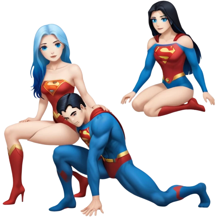 Art of woman's very sexy body scheme anatomy-bare shoulders and front-blue eyes-very long straight black to blue hair ombre-kneeling-front-leaning back-looking at male superman to her side emoji
