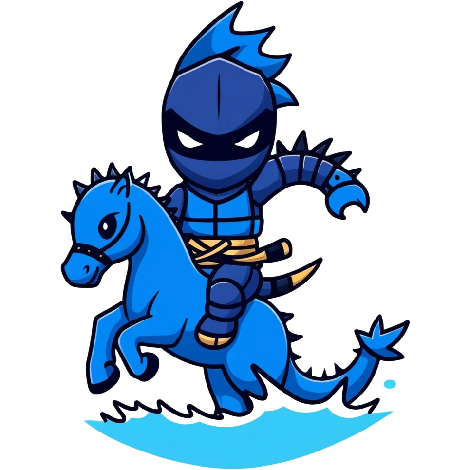 Black ninja water horse with dark blue water elements flowing around it, spiky armor, fierce expression emoji