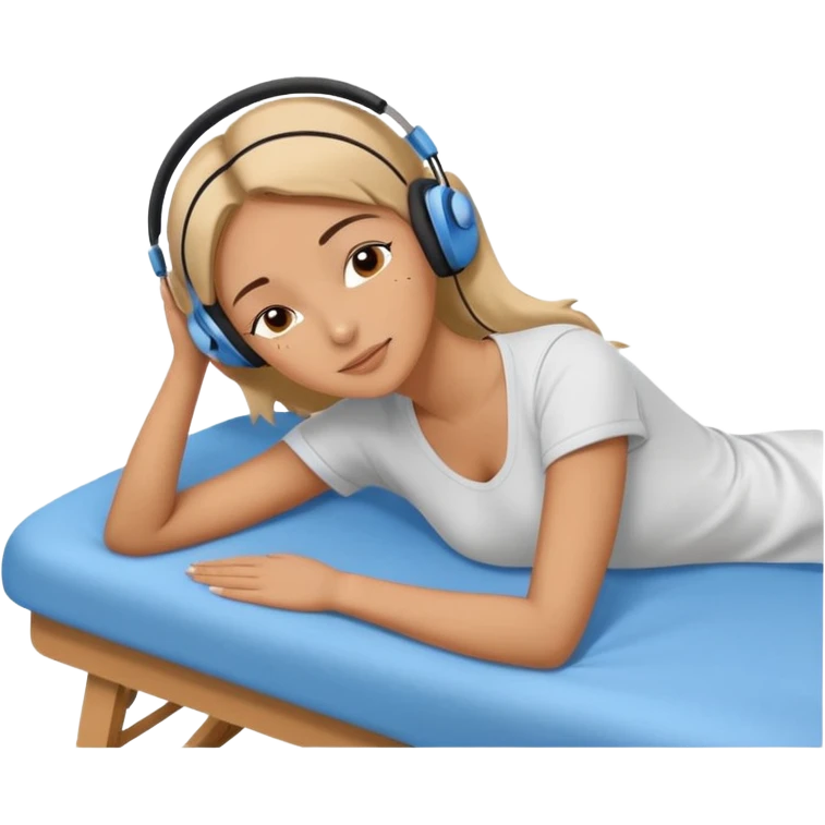 A stylized young woman lying on a massage table, relaxed, wearing headphones, small musical notes around the head. Flat vector style, thick black outline, simple palette (warm beige-brown tones + accent blue), clean background, high legibility at small size. 72x72, square, vector. emoji