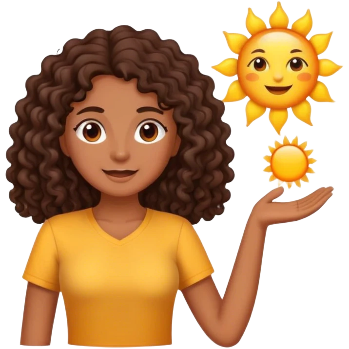 Brown woman with dark brown long curly hair saying good morning with the sun and yellow shirt  emoji