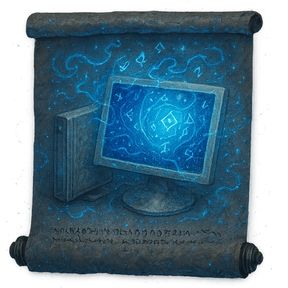 Re-imagine the Windows 'My Computer' icon as a glintstone sorcery, placing a magical, whimsical version of the computer on the blank sorcery scroll. Use ethereal blue glows, arcane effects, and glintstone-style magical energy, blending the computer into the scroll as if it were a spell illustration. 1080 x 1080, transparent background. emoji