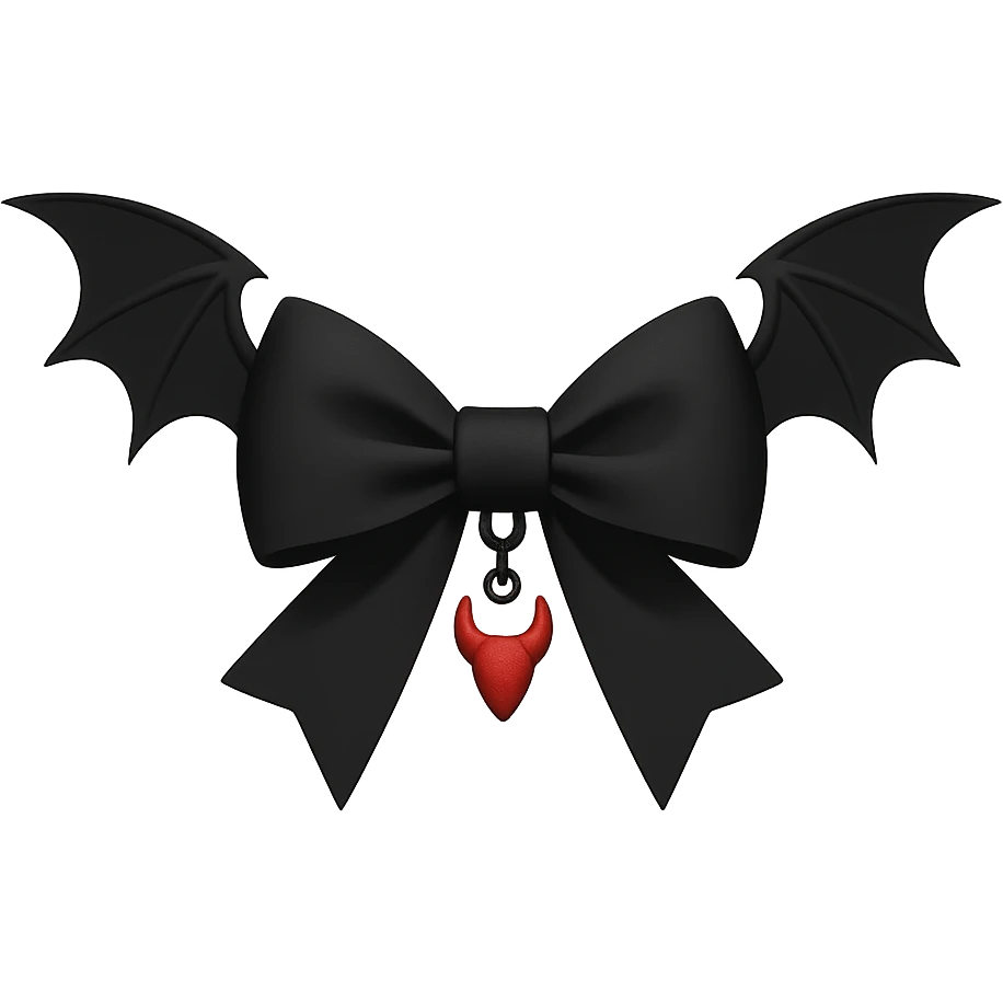 devil bow, minimalist style, matte black, sharp edges, small red horn charm, modern dark aesthetic, bat wings emoji