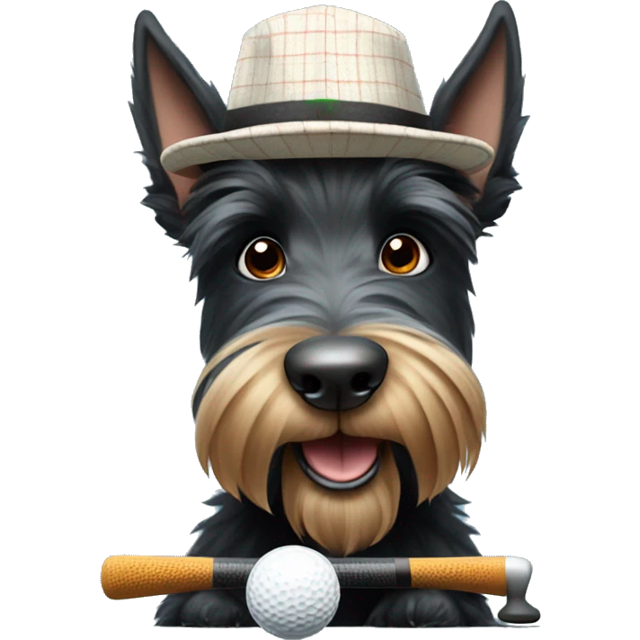 Scottish terrier dog cartoon wearing hat saying Scottie with golf putter emoji