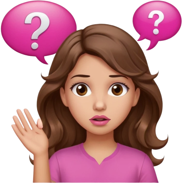 girl with long wavy brown hair, brown eyes, light to medium complexion, in a pink shirt, pink lips, long lashes, confused, question mark speech bubble emoji