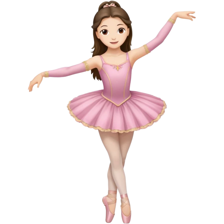happy pretty white brunette teen long hair with hazel eyes in a ballet costume with one leg up emoji