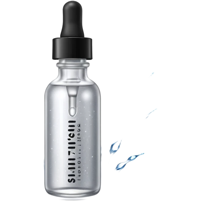 Slim clear dropper bottle with white cap and minimal black text label. Floating above a silver ripple, with icy shimmer rings pulsing outward. Surrounded by tiny frozen sparkles and wrinkle-smoothing energy beams. Looks like a precision anti-aging serum potion — sharp, cold, and potent. emoji