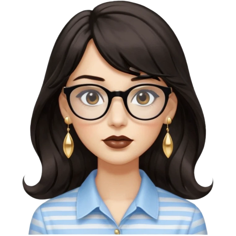 An emoji featuring a woman with long wavy dark brown hair and a whispy bang, wearing thick black square glasses, gold drop earrings. She has long lashes and a nude browny glossy lipstick. She's wearing an oversize light blue shirt with white vertical strips. emoji