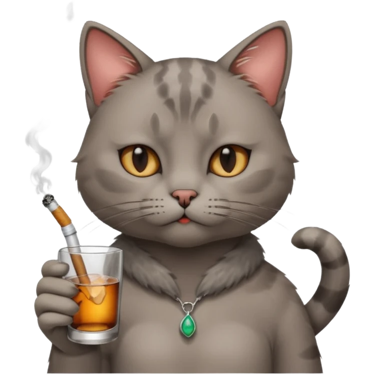 hazme a un gato fumando cigarro mientras toma alcohol y está depre emoji