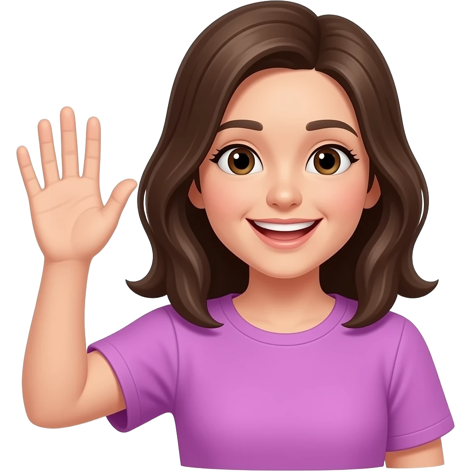 девушка более счастливая махает рукой,  феолетово розовая одежда, приветствует на лекции матрица судьбы emoji