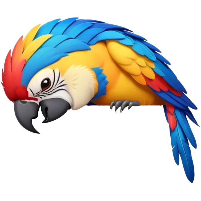 Meme-Worthy cute Sleeping Macaw Portrait Emoji, Head resting peacefully with a contented smile, showcasing a cascade of colorful feathers and eyes gently closed in serene slumber, Simplified yet comically adorable features, highly detailed, glowing with a soft, drowsy tropical light, high shine, relaxed and utterly lovable, stylized with an air of playful laziness, bright and heartwarming, soft glowing outline, capturing the essence of a sleeping parrot that feels destined to become the next viral icon of adorable rest! emoji
