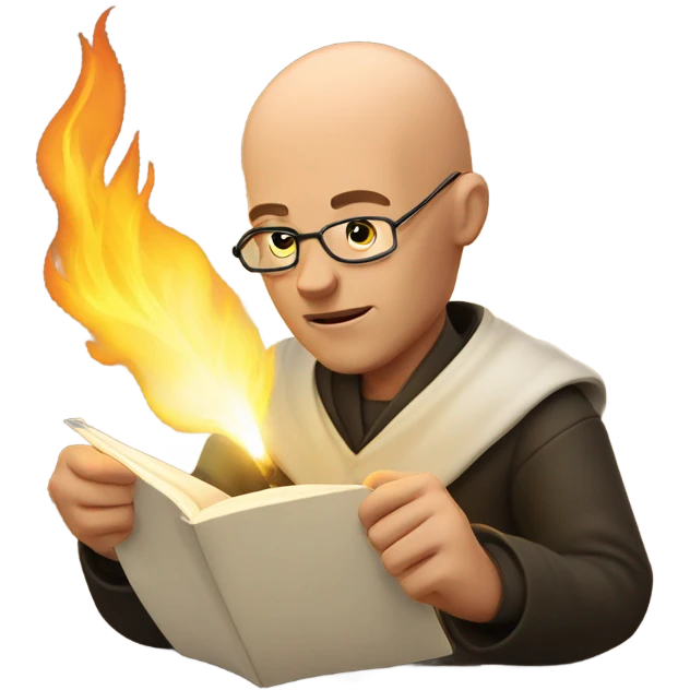 bald guy writing with a quill that's on fire emoji