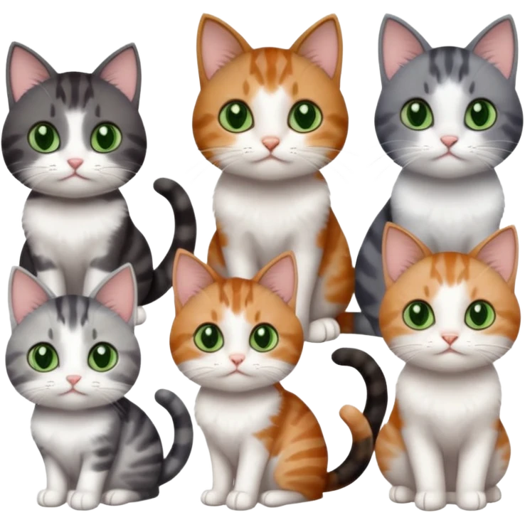 6 different coloured small cats including a dark grey and white, and a patchy calico, and a brown tabby and white,  and a completely solid dark grey with green eyes and only white paws emoji