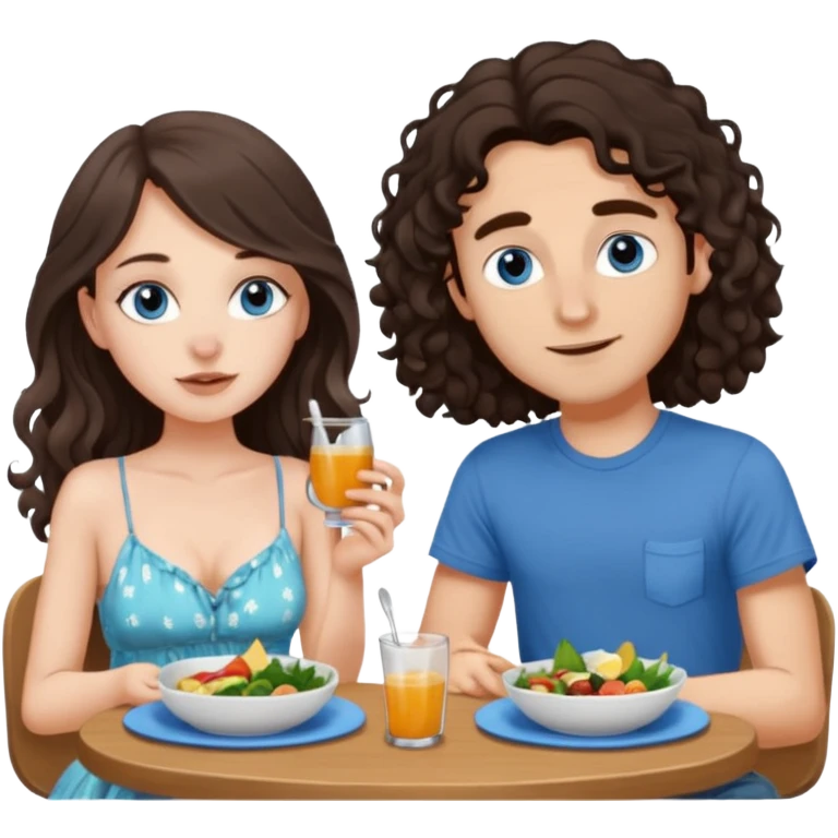 white girl, dark brown long slightly curly hair , skinni but with big breast , septum piercing on nose, beautiful dark gray-blue eyes, having luch with her bf  emoji