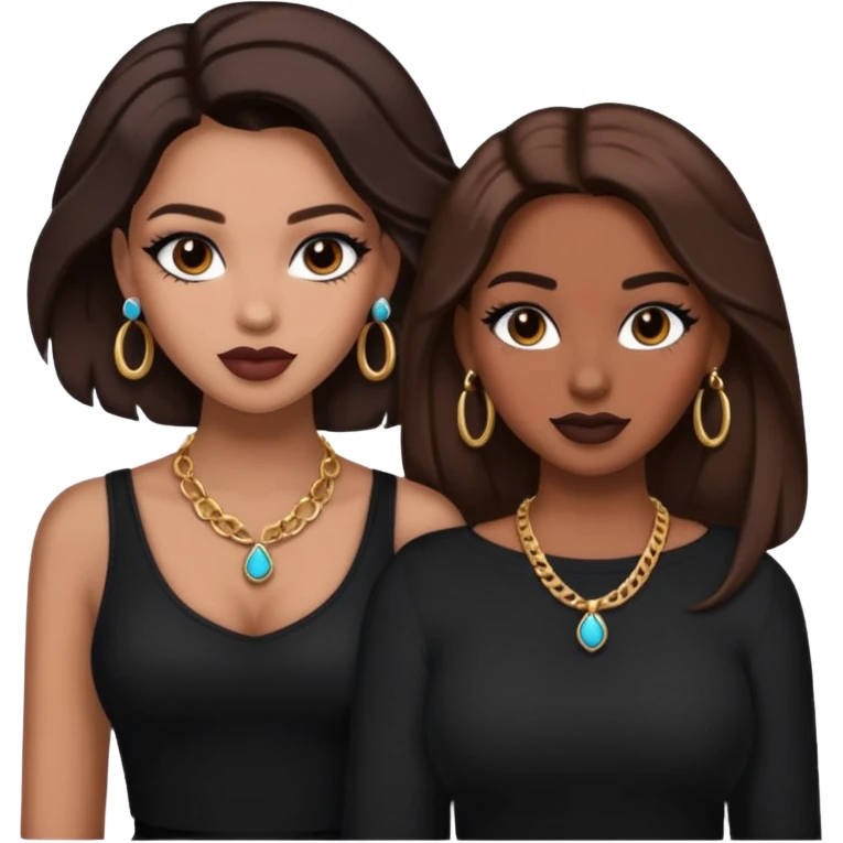 Boujy baddie best friends, trendy heavy makeup both dark hair one light skinned and one mocha brown pretty hair style both wearing black and earrings and necklace one mocha brown skin emoji