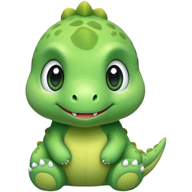 A tiny green baby dinosaur plush toy with extra large head and eyes emoji