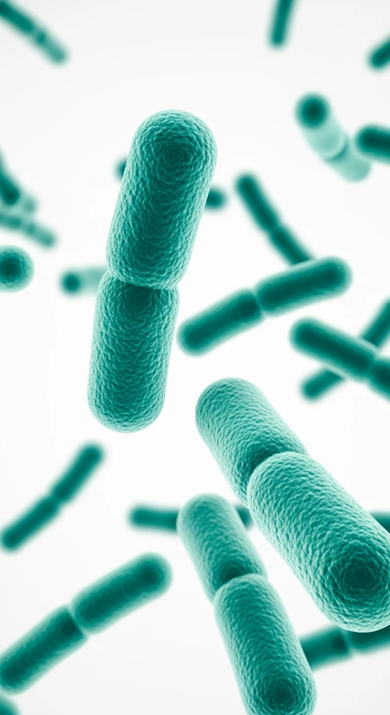 batteri intestinali turchesi fluttuano in aria, sfondo bianco, ma iperrealistica 4k emoji