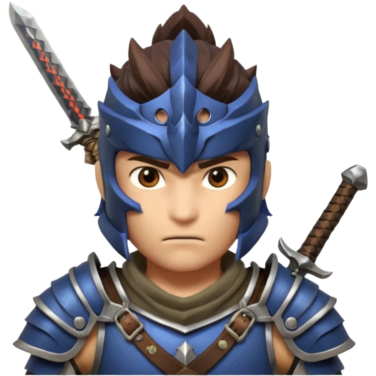 fantastic monster hunter warrior portrait, head and shoulders only, metal shoulder armor, sword strap visible, battle-worn look, intense expression, 3D cartoon, mobile game icon style, clean background, no text, no watermark
 emoji