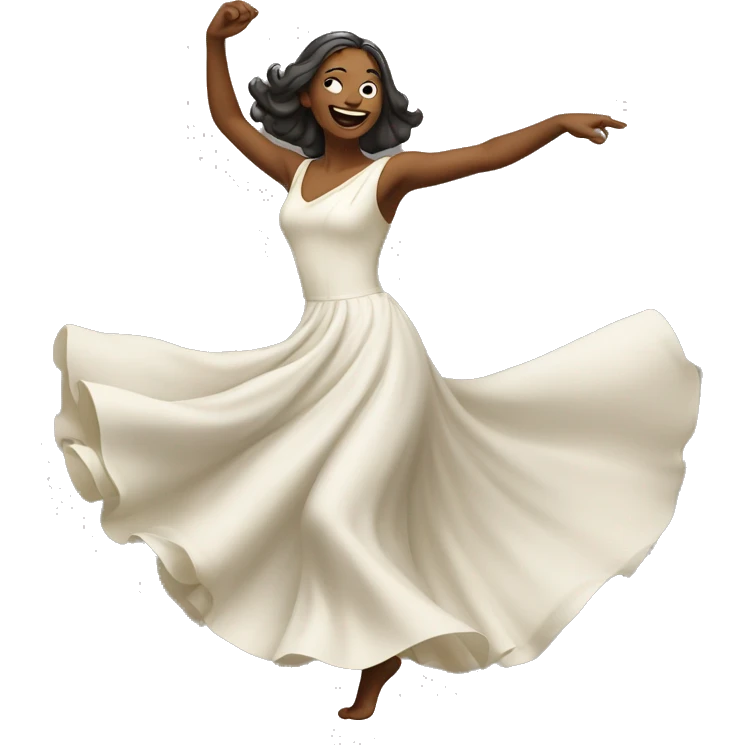 An emoji of a dancing woman wearing a flowing dress, mid-dance with one arm raised and a joyful expression emoji
