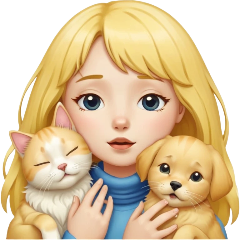 The girl with yellow bangs covered her throat with her hands and closed her eyes. She was surrounded by a golden retriever, two cream-colored cats, and a long-haired blue and white cat. emoji