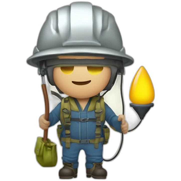 Homme en cuissarde de pêche avec un casque une lampe à huile et un sac speleo emoji