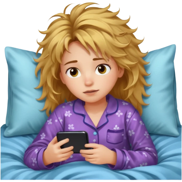 Girl lying in bed, wanting to sleep but not wanting to, staying up late playing with her phone emoji