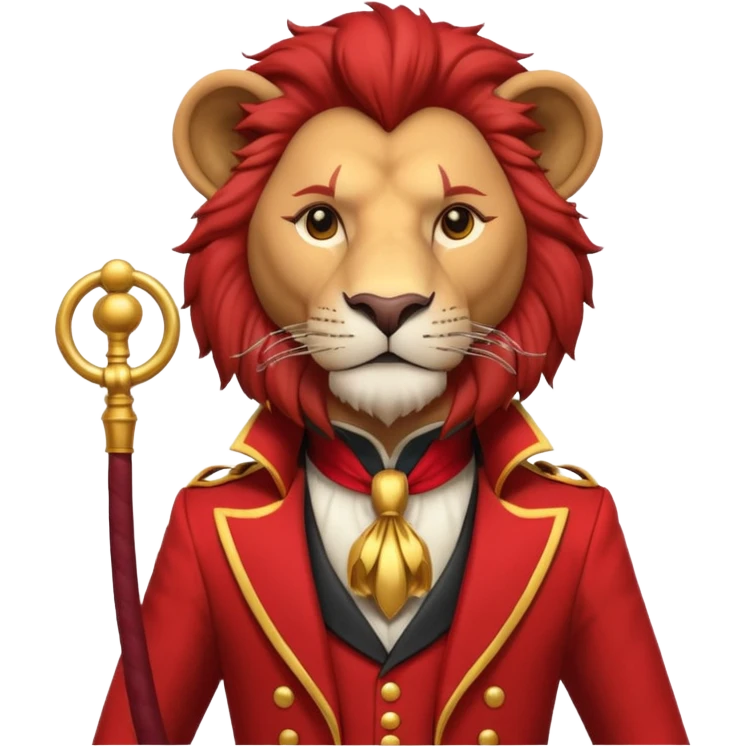 circus lion tamer portrait, head and shoulders only, red ringmaster jacket collar, confident strong look, whip handle visible, 3D cartoon, mobile game icon style, clean background, no text, no watermark
 emoji