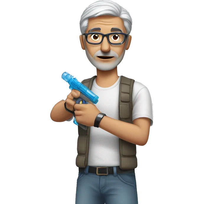 Turkish man with grey hair and protective glasses and white t-shirt aiming a water gun with one hand while standing sideways emoji