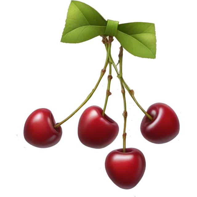 A bow with two short strings hanging down. From its center, two cherry stems with cherries extend downward.  emoji