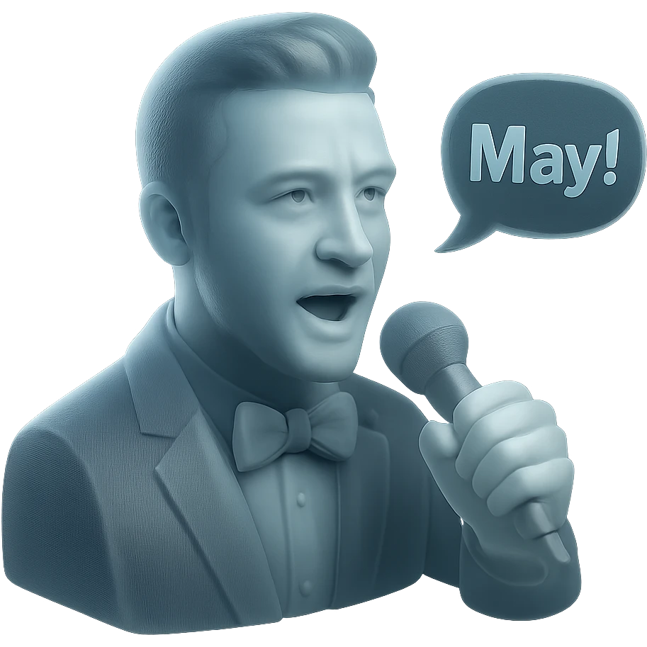 matte glass style portrait of Justin Timberlake with microphone, saying 'May!', realistic, subtle reflections emoji