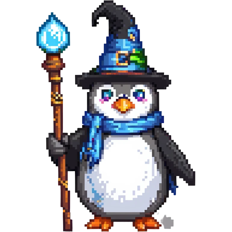 penguin wizard with a staff and wizard hat emoji