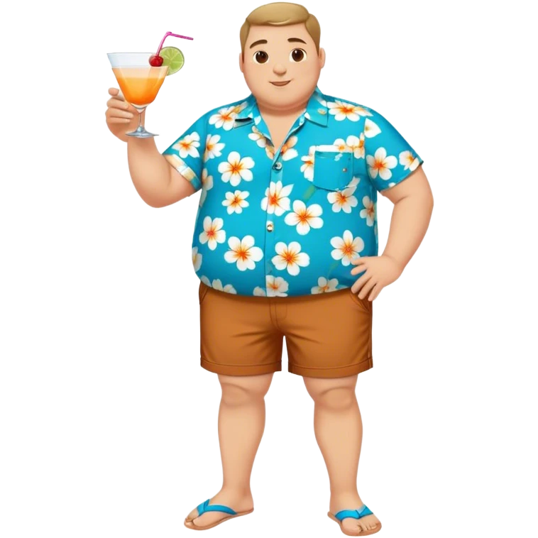 chubby guy full figure in a flowered azure havai shirt, brown shorts and flippers holding a cocktail emoji