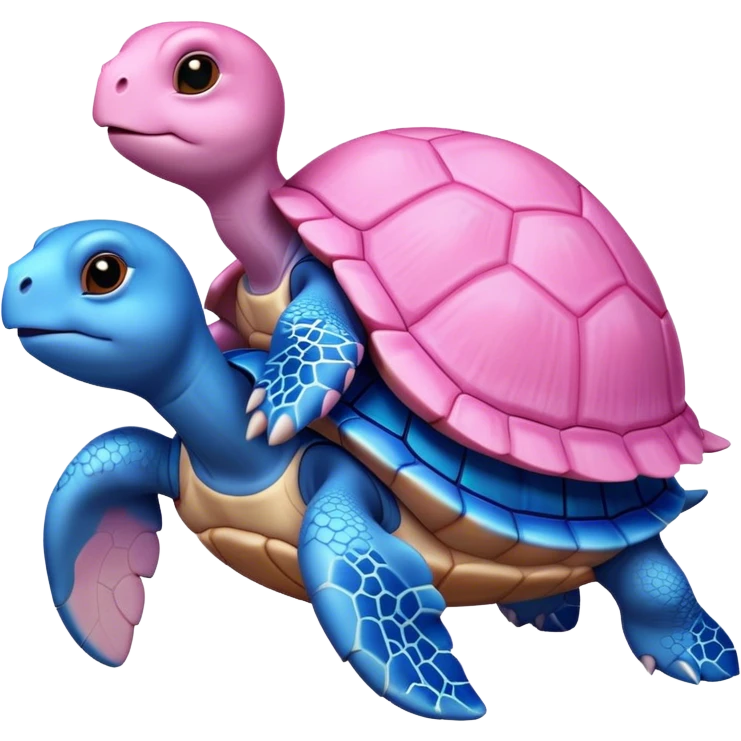 A blue turtle on top of a pink turtle emoji