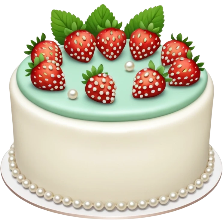 white cake with strawberries, edible pearls, and mint leaves emoji