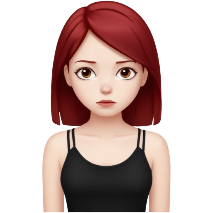 a pretty bratz fair girl with dark red straight hair, black cami top, looking sad emoji