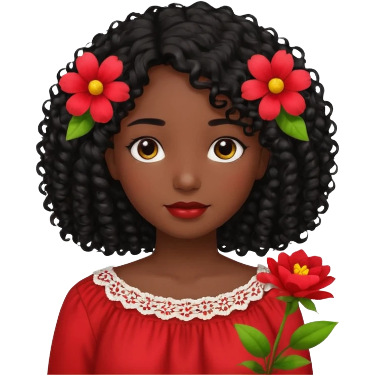 A girl with shoulder-length curly hair, dark skin, and black hair is wearing a red blouse with flowers. emoji