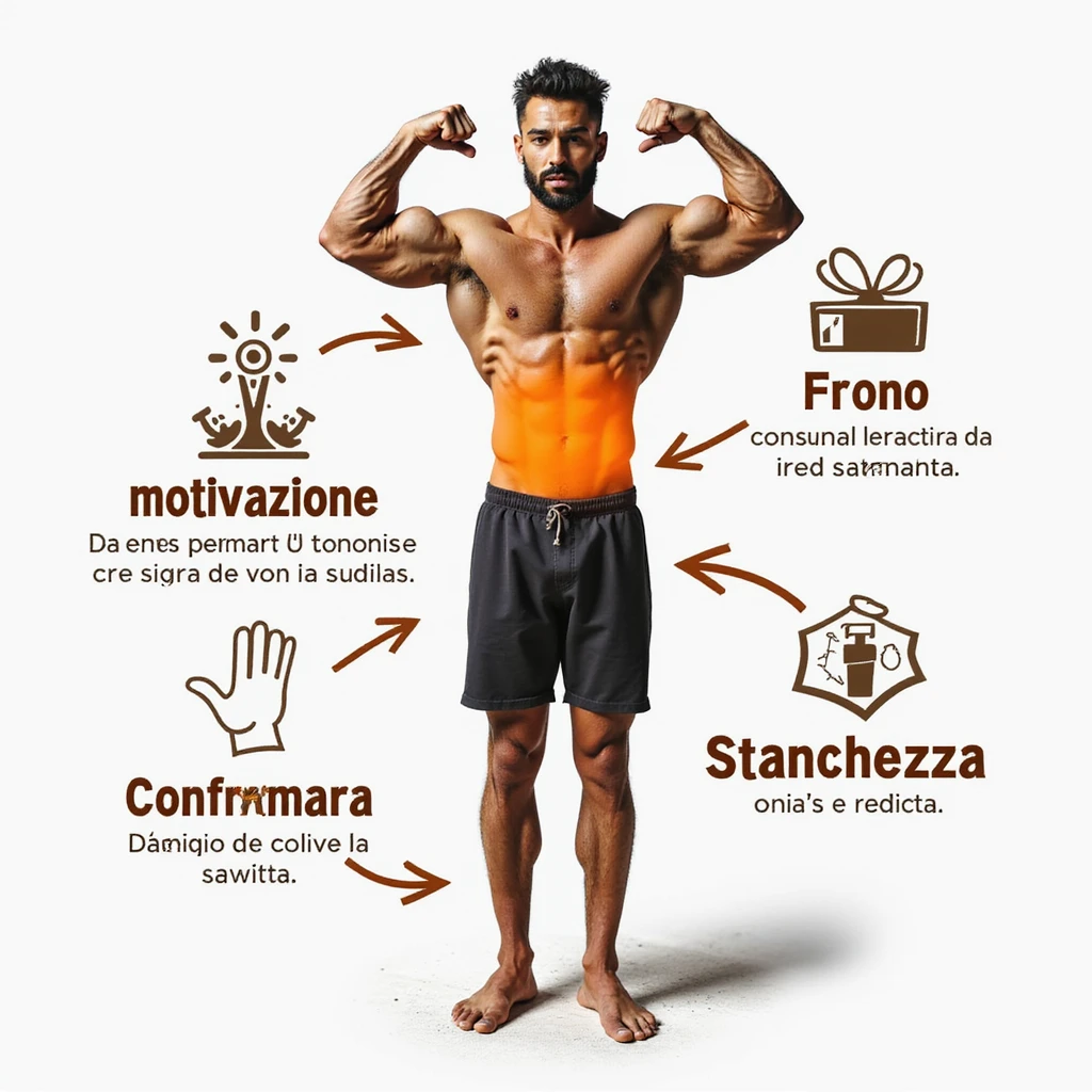 realistic infographic in Italian: bodybuilder with lower torso highlighted in orange, arrows pointing to 'Calo della motivazione' and 'Stanchezza', attention symbol, medical style, white background emoji