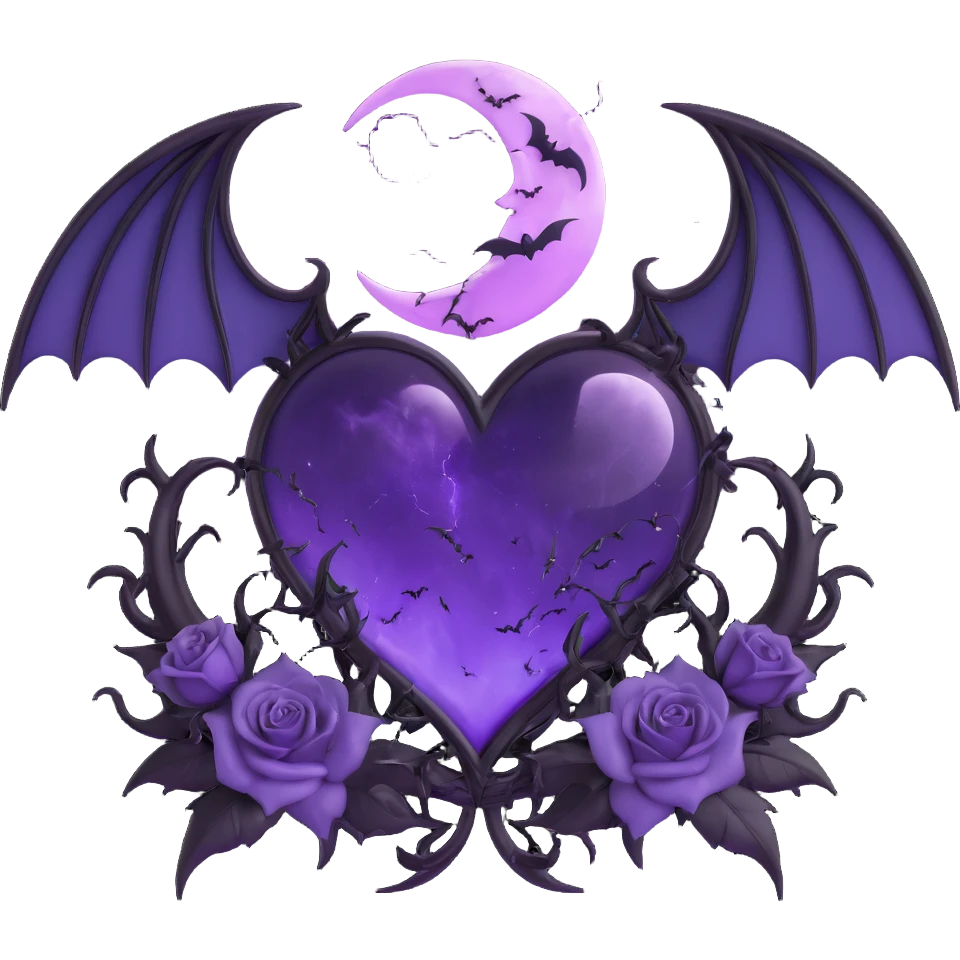 gothic heart purple glass crescent moon black roses devil horns tail bat wings radiant stardust double lightning bolts stormy rain splintered glass emoji