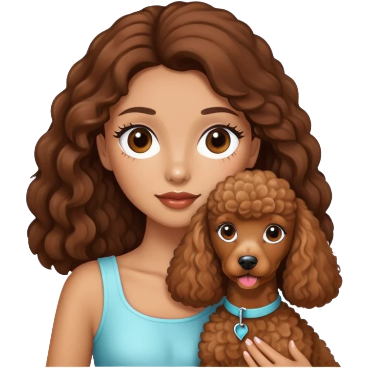 girl with long brown hair and long lashes, holding a brown poodle emoji