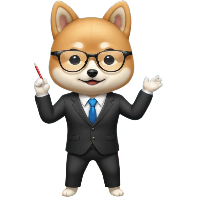  shiba inu performs on stage without a background, wearing glasses and a business suit. emoji