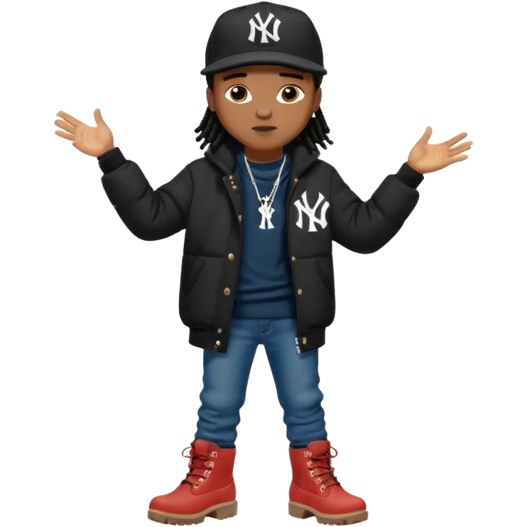 African American boy with short black dreadlocks wearing a black New York Yankees logo baseball cap wearing a black bubble winter coat wearing denim skinny jeans and timberland boots with hands pointing out emoji
