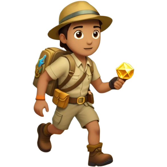 an adventure game, inspired by Uncharted-2. The design features a rugged explorer navigating through ancient ruins, with treasure and obstacles in the background. A dynamic environment with jungle, cliffs, and puzzles highlights the thrill of discovery and action. Transparent background. emoji
