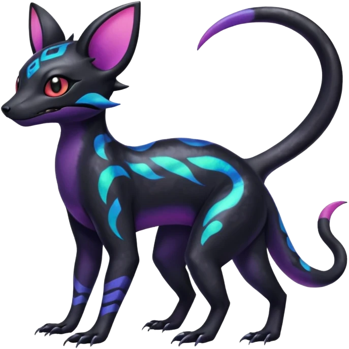 Rare epic aesthetic colorful Salandit-Noibat-Umbreon-Civet-species-Fakemon-hybrid-creature, with markings, full body emoji