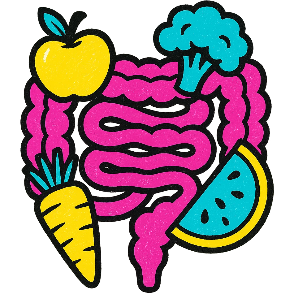 stylized intestines with fruit and vegetables, vibrant and artistic emoji