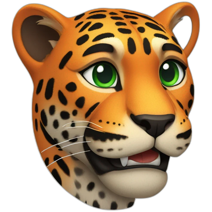 pixar like image orange jaguar green eyed athletic with liht smile with black tshirt with the word BALAM written on it emoji
