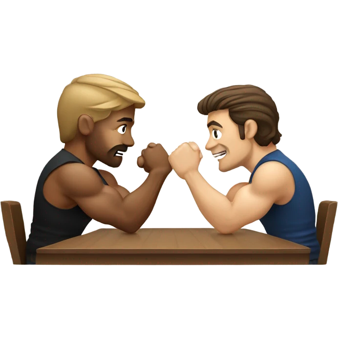 Two men armwrestling sit in front of a table. White men. Brown hair  emoji