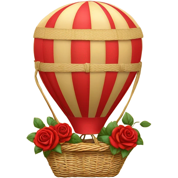red hot air balloon and beige basket with roses emoji